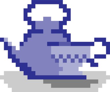 Beyaz arka planda izole edilmiş pikselli bir çay fincanı ve çaydanlık.