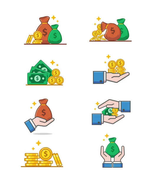 Een Set Van Zakelijke Financiële Gerelateerde Pictogrammen Met Geldzakken Dollartekens — Stockvector