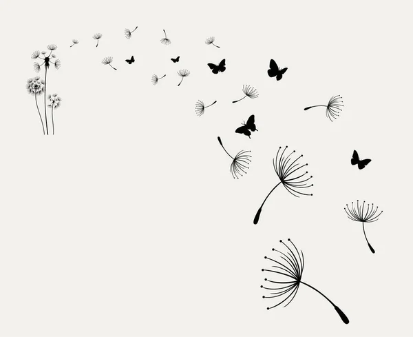 Flygande Maskrosfrön Och Fjärilar Isolerade Vit Bakgrund — Stock vektor