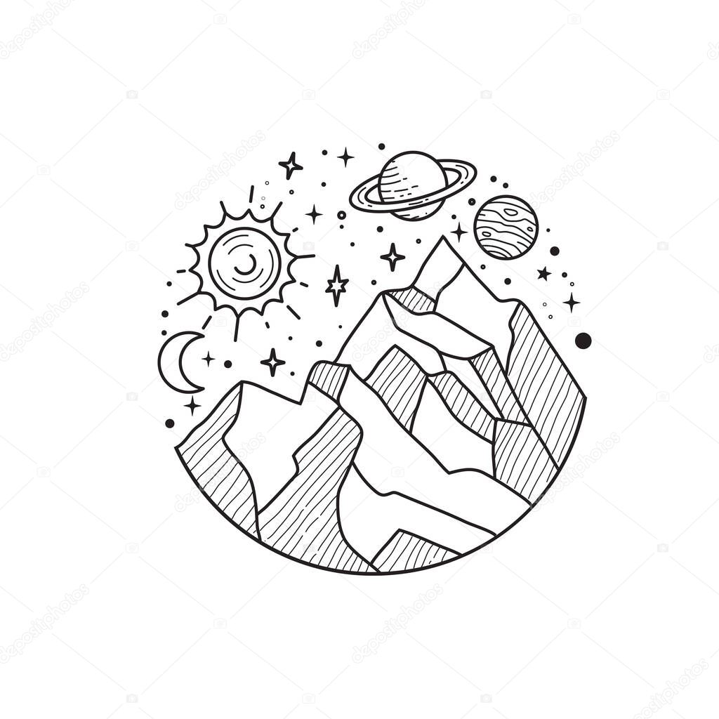 A hand-drawn mountain and solar system with sun, planets, stars