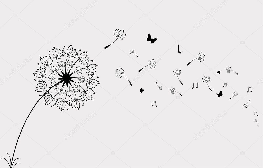A Dandelion with flying butterflies and seeds