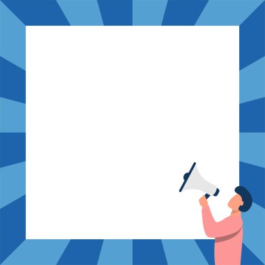 Megafonla konuşan bir adam Yeni bir duyuru yapıyor Boş bir arkaplanla