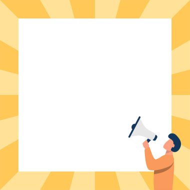 Megafonla konuşan bir adam Yeni bir duyuru yapıyor Boş bir arkaplanla