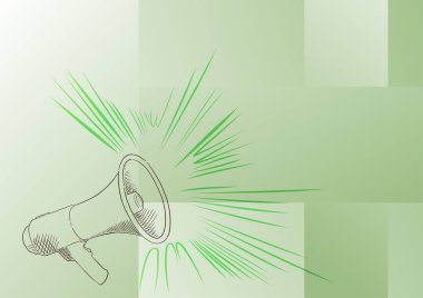Gürültülü bir megafonun geometrik bir arka planda duyuru yapmasının yarım yamalak bir çizimi.