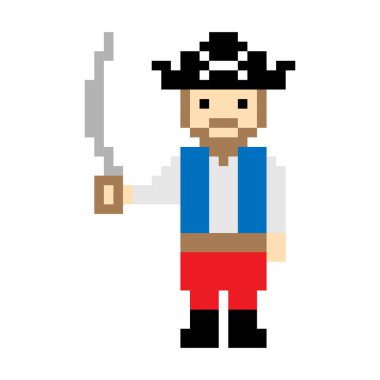 Beyaz arka planda piksel sanatı olan bir korsan.