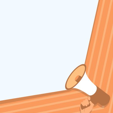 Turuncu ve beyaz arka planda bir insanın eli megafonu tutuyor.