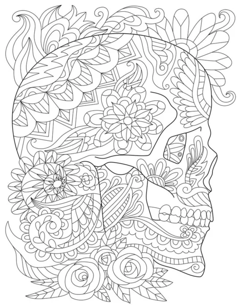 Vector Tattoo Skull Line Drawing Adorned Flowers Leaves — Stock Vector