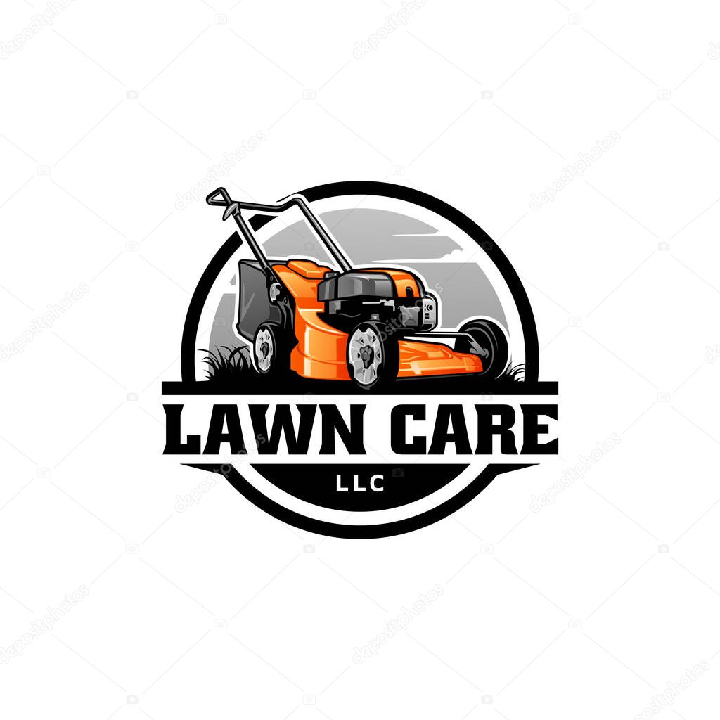 A logo design with orange lawn mower on gray background