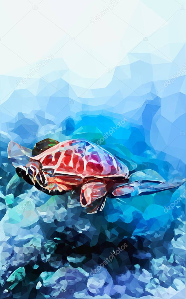 A watercolor painting of sea turtle swimming underwater - low poly art