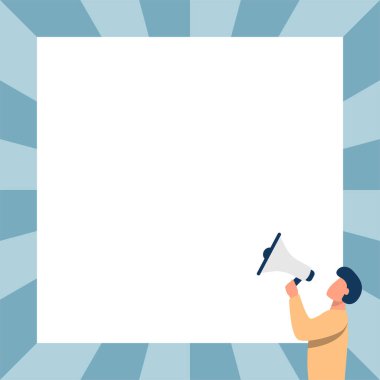 Çizgili bir çerçeve, megafonla duyuru yapan bir kişi.