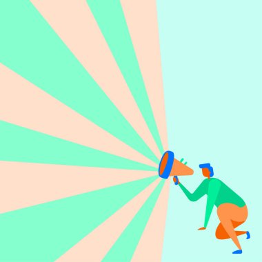 Megafonla yüksek sesle konuşan bir erkek karakterin çizimi.