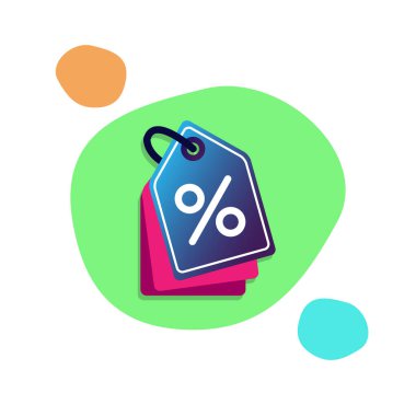 İndirim etiketi simgesi. Alışveriş kuponu sembolü. Yüzde işaretli etiket satışı. Kara Cuma indirim afişi ya da kuponu. Vektör alışveriş etiketi