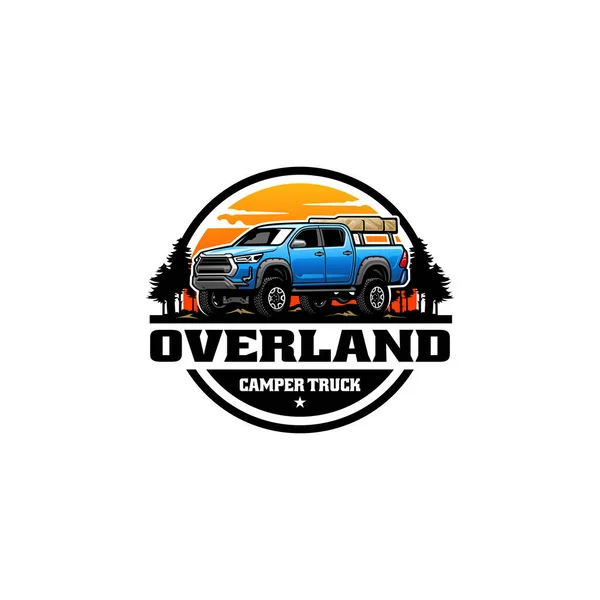 Logo Design Blue Overlander Orange Sunset Trees — Stock Vector
