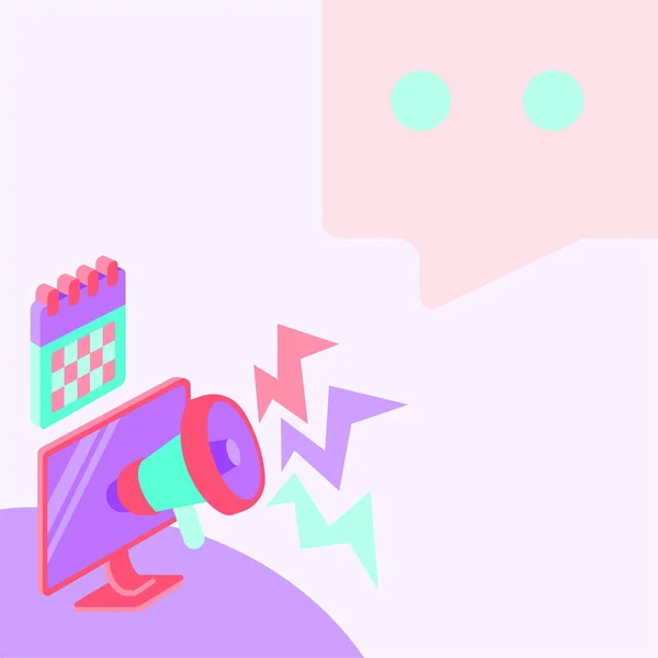 明るいピンクの背景に音声波を作るメガホンと画面 — ストックベクタ