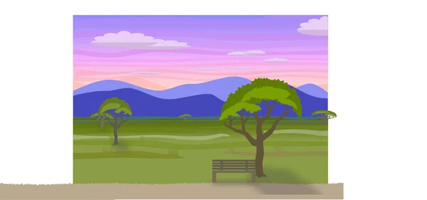 背景に青い山のある木のベンチと木の公園シーンのフロントビューのベクトルイラスト — ストックベクタ