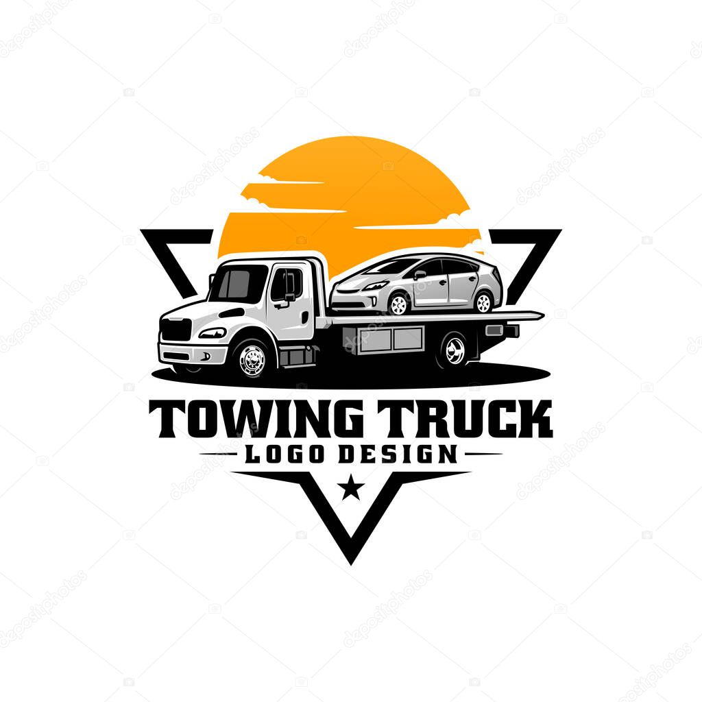 A logo design with towing truck and orange sunset
