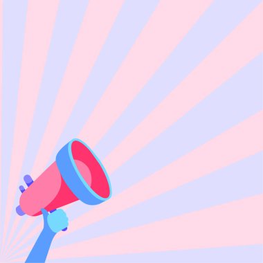 Çizgi film karakterinin elinde bir megafon, doğrusal bir arkaplan.