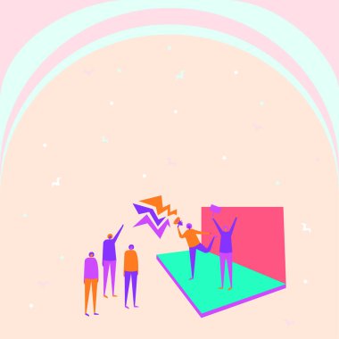 Megafonla protesto yapan renkli erkek ve kadın karakterlerin bir tasviri.