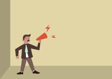 Bir erkek çizgi film karakteri kahverengi bir odada megafonla duyuru yapıyor.