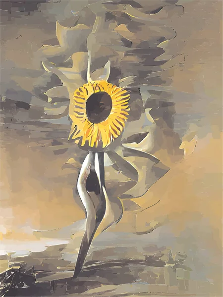 Schilderij Van Gele Zonnebloem Met Gele Grijze Achtergrond — Stockvector