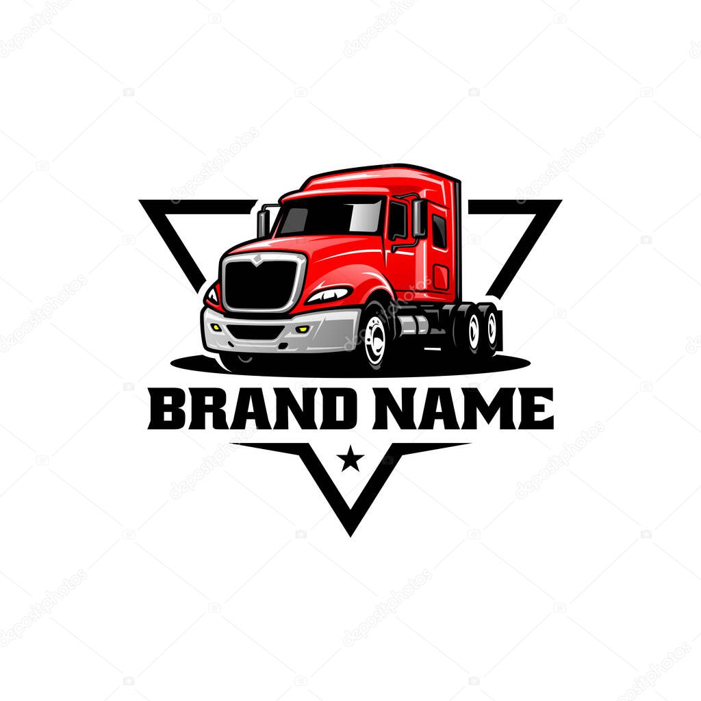 A logo design of a red truck with a template for a brand name on a white background