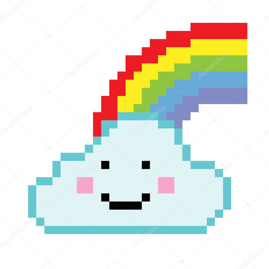 A happy cloud with rainbow pixel art isolated on white background