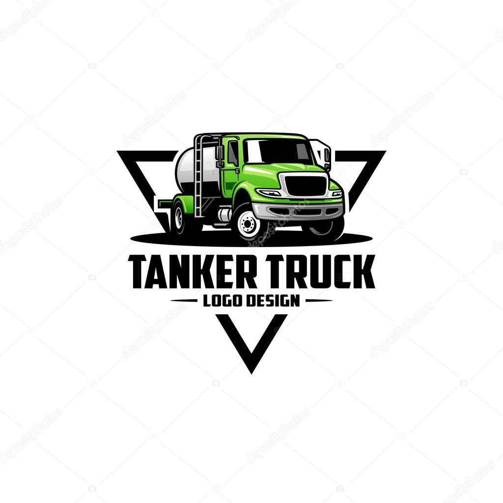 A logo design with green tanker truck in triangle