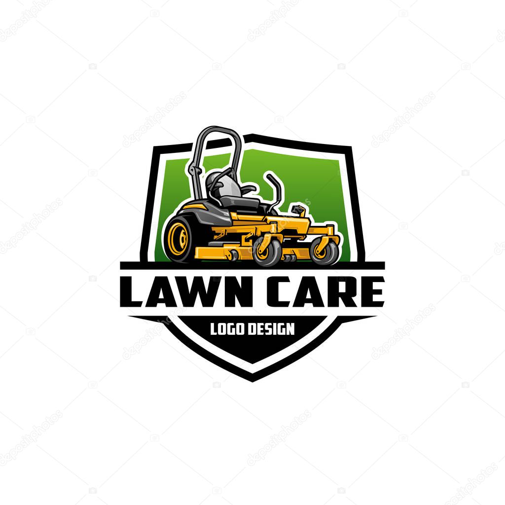 A logo design with orange lawn mower on green background