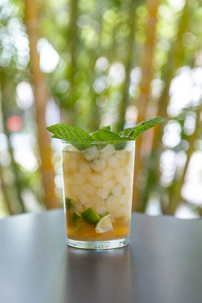 A vertical shot of a glass of mint julep with fresh mint on top on a table