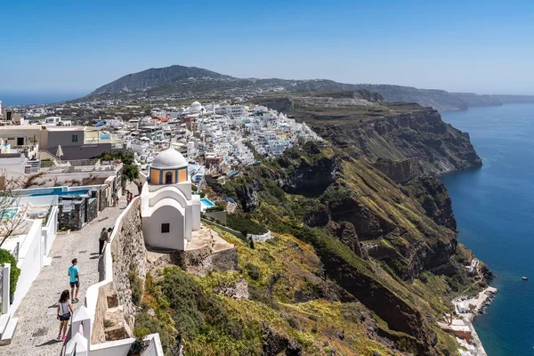 Vue Panoramique Fira Ville Principale Santorin Située Sur Les Falaises — Photo