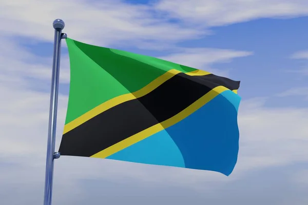 Трехмерное Изображение Флага Танзании Размахивающего Ветром Против Голубого Неба — стоковое фото