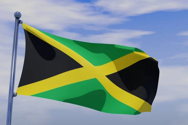 青い空の背景にクロームの旗竿でジャマイカの旗を振る3Dイラスト — ストック写真