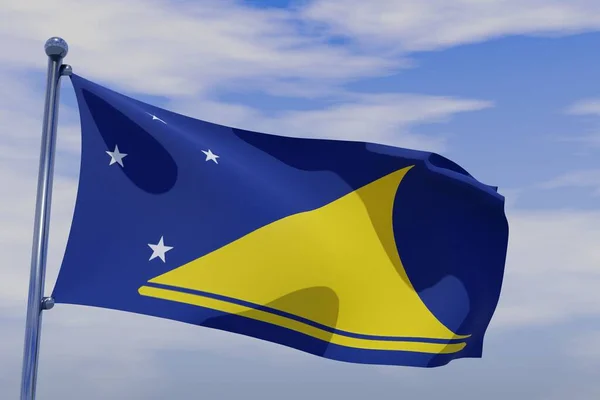 在蓝天的旗杆下 三维地展示了飘扬的托克劳国旗 — 图库照片