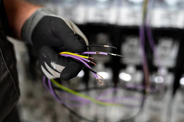 Closeup Shot Electrician Holding Colorful Wires — Stock Photo, Image