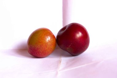 Beyaz arka planda kırmızı elmalı bir erik meyvesi.