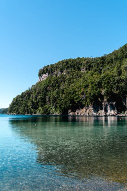 Güneşli bir günde, ormanın yakınındaki güzel bir denizin dikey görüntüsü.