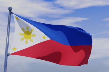 Mavi gökyüzü arka planında krom bir bayrak direği sallayan Filipinler 'in 3 boyutlu bir illüstrasyonu