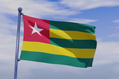 Mavi gökyüzünde bayrak direğiyle Togo 'nun dalgalanan bayrağının 3 boyutlu görüntüsü.
