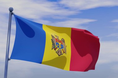 Mavi gökyüzü arka planında krom bir bayrak direğiyle Moldova 'nın dalgalı bayrağının 3 boyutlu bir çizimi