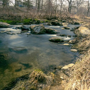 Kuru otlar ve yapraksız ağaçlar arasında büyük taşlarla dolu bir nehir.