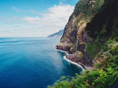 Portekiz, Madeira 'da orman kayalıkları olan güzel bir kıyı manzarası.