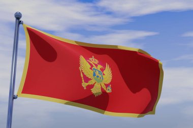 Mavi gökyüzü arka planında krom bir bayrak direğiyle Karadağ 'ın dalgalanan üç boyutlu bir illüstrasyonu