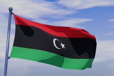 Mavi gökyüzü arka planında krom bayrak direği sallayan Libya bayrağının 3 boyutlu bir çizimi