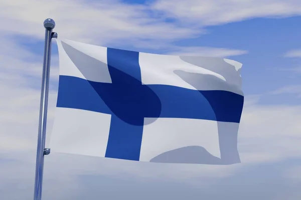 Rendering Waving Flag Finland Pole Cloudy Sky — Stock Photo, Image