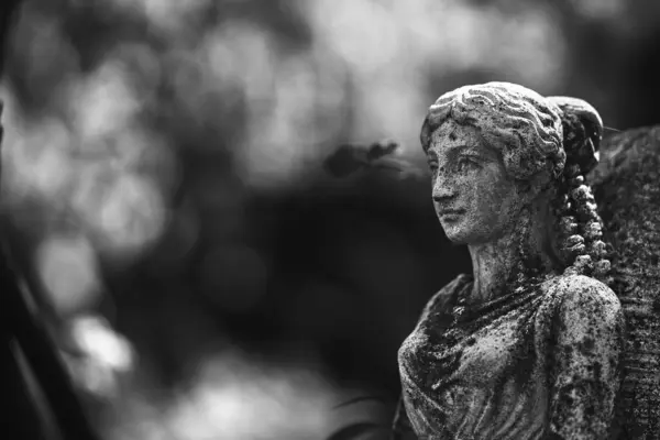 Grayscale Shot Woman Statue Blurred Background Park — Stock Photo, Image