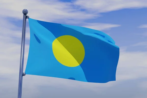 Ilustrace Vlající Vlajky Palau Chromovanou Vlajkovou Tyčí Modrém Pozadí Oblohy — Stock fotografie