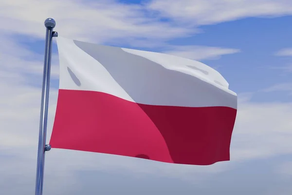 Illustration Viftande Flagga Polen Med Krom Flaggstång Blå Himmel Bakgrund — Stockfoto