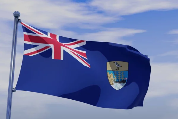 Rendered Flag Saint Helena Chrome Flagpole Waving Blue Sky — Stock Photo, Image