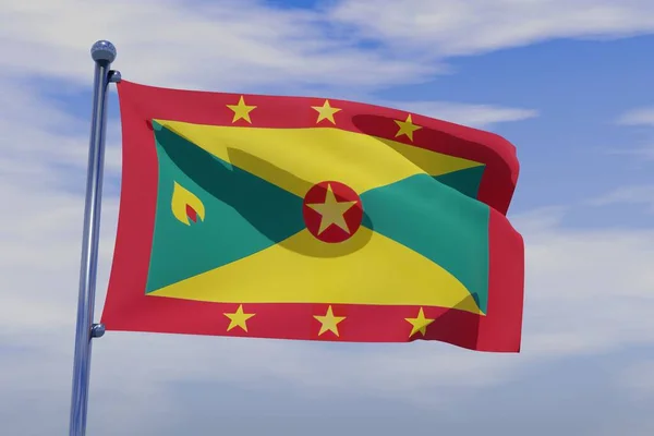 Illustration Waving Flag Grenada Chrome Flag Pole Blue Sky Background — Stock Photo, Image