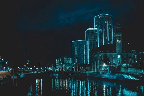 Festival Della Luce Edificio Intorno Alla Stazione Centrale Malmo Notte — Foto Stock